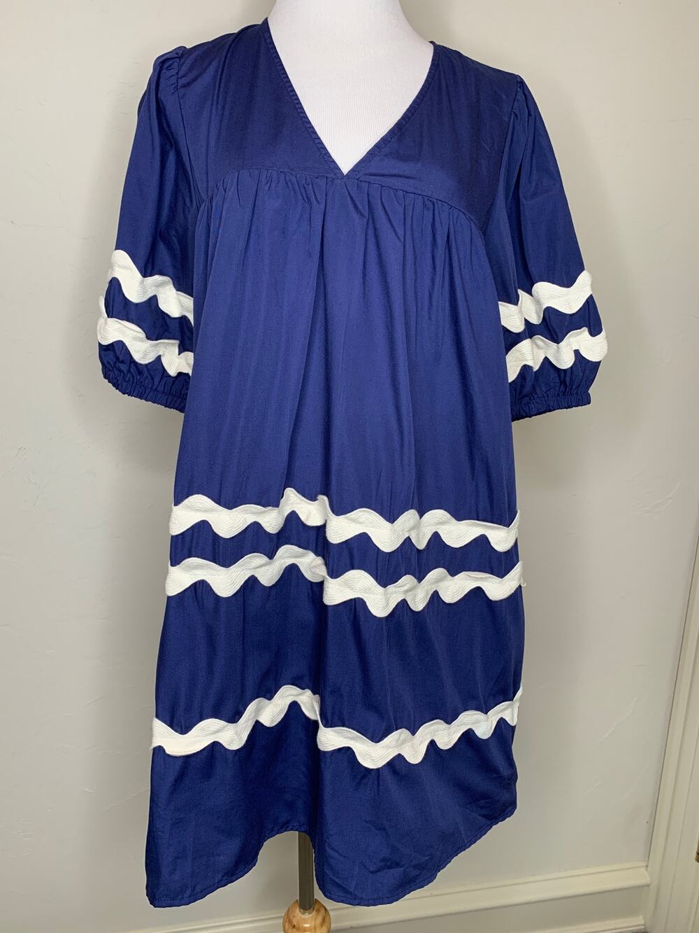 Entro Blue White Rickrack Babydoll Dress Coastal Nautical Preppy Sz Large